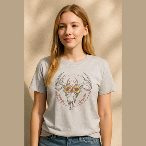 Delta Pro Weight Women's Graphic T-Shirt - Deer Skull & Sunflowers - Size 2X